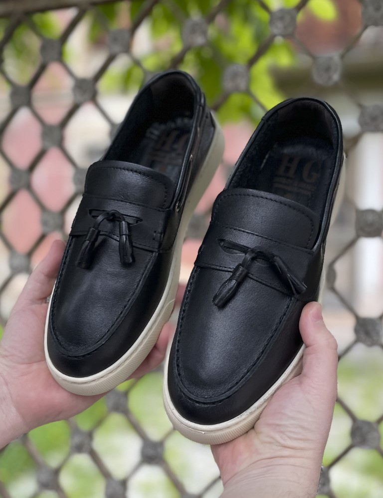 Huxley and Grace ανδρικά μαύρα δερμάτινα loafers με tassels HG174194 φωτογραφία